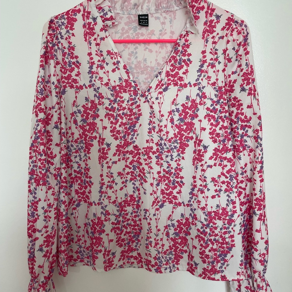 SHEIN Cream Long Sleeve Notched Collar Blouse